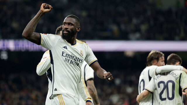 MADRID, SPAIN - JANUARY 3: Antonio Rudiger of Real Madrid celebrates 1-0 during the LaLiga EA Sports match between Real Madrid v Real Mallorca at the Santiago Bernabeu Stadium on January 3, 2024 in Madrid Spain