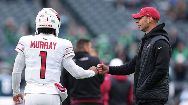 PHILADELPHIA, PENNSYLVANIA - DECEMBER 31: Kyler Murray #1 of the Arizona Cardinals fist bumps Arizona Cardinals head coach Jonathan Gannon before the game against the Philadelphia Eagles at Lincoln Financial Field on December 31, 2023 in Philadelphia, Pennsylvania.