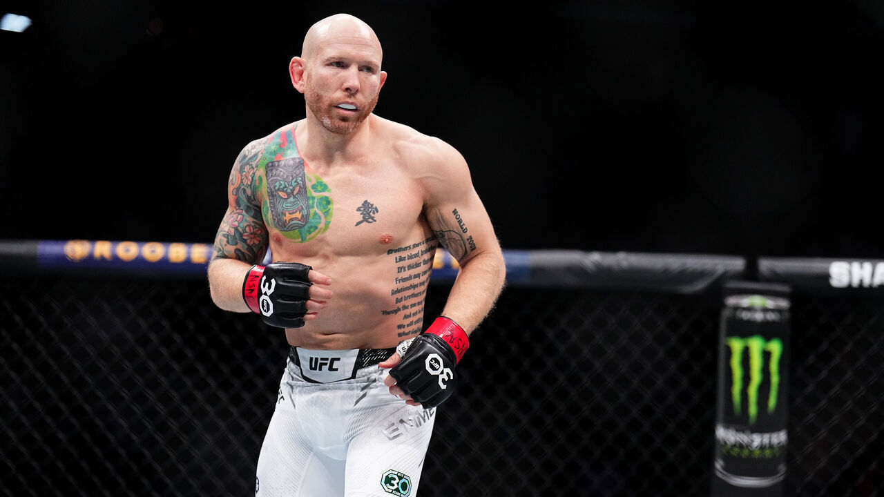 LAS VEGAS, NEVADA - DECEMBER 16: Josh Emmett enters the Octagon in a featherweight fight during the UFC 296 event at T-Mobile Arena on December 16, 2023 in Las Vegas, Nevada.