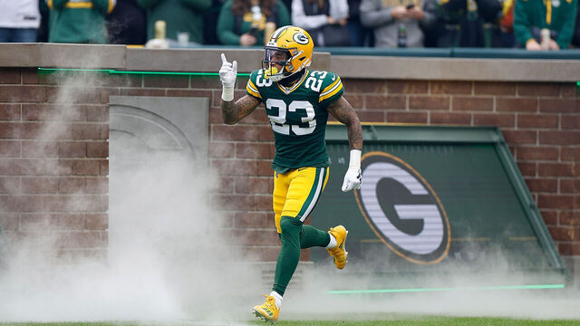 GREEN BAY, WISCONSIN - NOVEMBER 05: Jaire Alexander #23 of the Green Bay Packers runs onto the field before the game against the Los Angeles Rams at Lambeau Field on November 05, 2023 in Green Bay, Wisconsin.