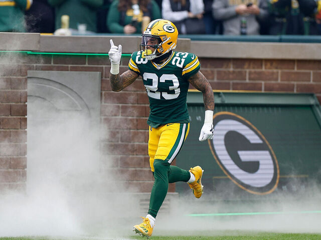GREEN BAY, WISCONSIN - NOVEMBER 05: Jaire Alexander #23 of the Green Bay Packers runs onto the field before the game against the Los Angeles Rams at Lambeau Field on November 05, 2023 in Green Bay, Wisconsin.