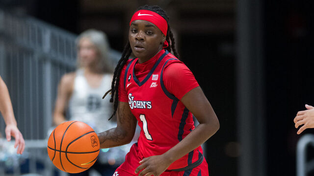 INDIANAPOLIS, IN - DECEMBER 02: St. John's Red Storm guard Unique Drake (1) brings the ball up the court during the women's college basketball game between the Butler Bulldogs and St. Johns Red Storm on December 2, 2022, at Hinkle Fieldhouse in Indianapolis, IN.