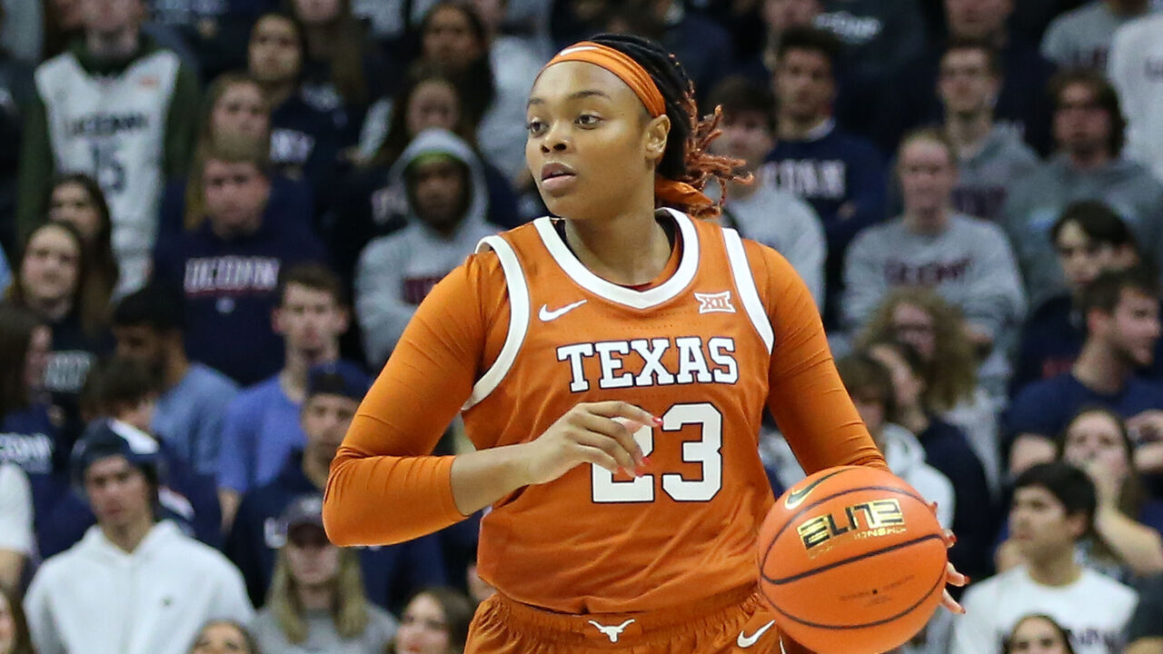 STORRS, CT - NOVEMBER 14: Texas Longhorns forward Aaliyah Moore (23) with the ball during a women's college basketball game between Texas Longhorns and UConn Huskies on November 14, 2022, at Harry A. Gampel Pavilion in Storrs, CT.