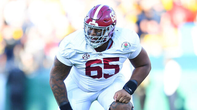 PASADENA, CA - JANUARY 01: OL JC Latham (65) of the Alabama Crimson Tide blocks during the Alabama Crimson Tide game versus the Michigan Wolverines CFP Semifinal at the Rose Bowl Game on January, 1, 2024, at the Rose Bowl Stadium in Pasadena, CA.