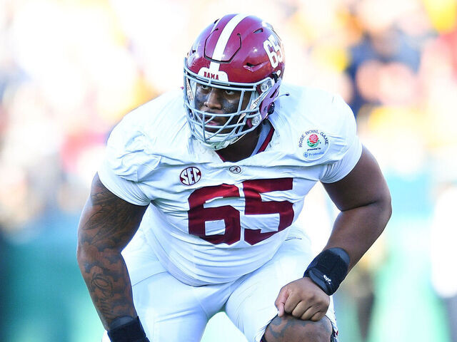 PASADENA, CA - JANUARY 01: OL JC Latham (65) of the Alabama Crimson Tide blocks during the Alabama Crimson Tide game versus the Michigan Wolverines CFP Semifinal at the Rose Bowl Game on January, 1, 2024, at the Rose Bowl Stadium in Pasadena, CA.