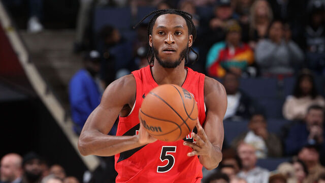 MEMPHIS, TN - JANUARY 3: Immanuel Quickley #5 of the Toronto Raptors passes the ball during the game on January 3, 2024 at FedExForum in Memphis, Tennessee. Mandatory Copyright Notice: Copyright 2024 NBAE