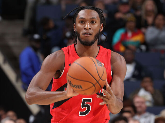 MEMPHIS, TN - JANUARY 3: Immanuel Quickley #5 of the Toronto Raptors passes the ball during the game on January 3, 2024 at FedExForum in Memphis, Tennessee. Mandatory Copyright Notice: Copyright 2024 NBAE