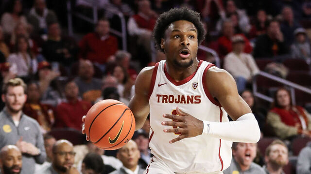 LOS ANGELES, CALIFORNIA - JANUARY 03: Bronny James #6 of the USC Trojans looks to shoot in the first half against the California Golden Bears at Galen Center on January 03, 2024 in Los Angeles, California.