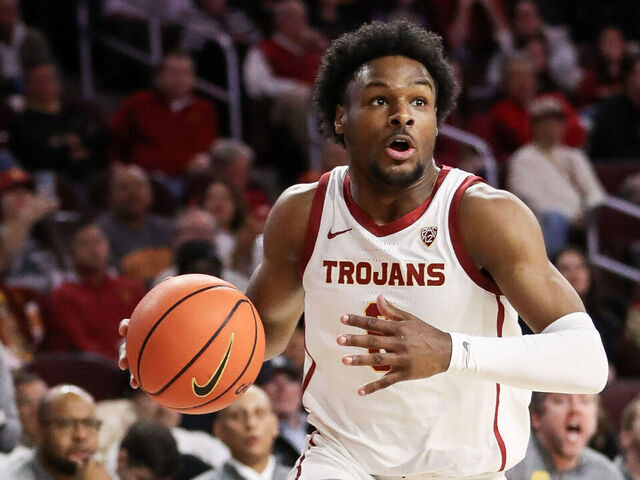 LOS ANGELES, CALIFORNIA - JANUARY 03: Bronny James #6 of the USC Trojans looks to shoot in the first half against the California Golden Bears at Galen Center on January 03, 2024 in Los Angeles, California.