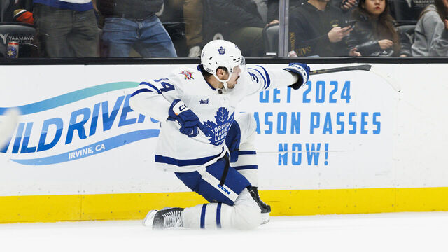 ANAHEIM, CA - JANUARY 03: Toronto Maple Leafs center Auston Matthews (34) celebrates his overtime game winning goal during an NHL hockey game against the Anaheim Ducks on January 3, 2024 at Honda Center in Anaheim, CA.