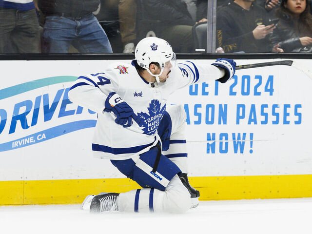 ANAHEIM, CA - JANUARY 03: Toronto Maple Leafs center Auston Matthews (34) celebrates his overtime game winning goal during an NHL hockey game against the Anaheim Ducks on January 3, 2024 at Honda Center in Anaheim, CA.