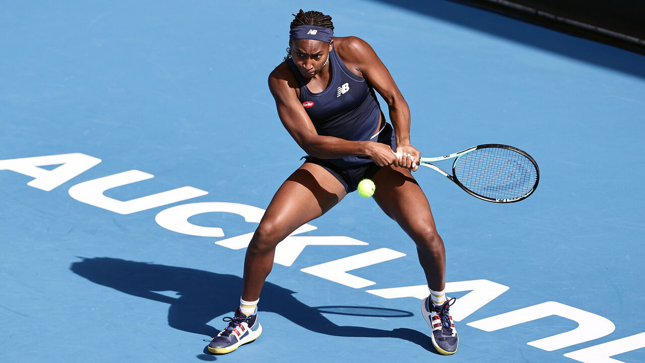 AUCKLAND, NEW ZEALAND - JANUARY 02: Coco Gauff of United States plays a shot in her match against Claire Liu of United States during the 2024 Women's ASB Classic at ASB Tennis Centre on January 02, 2024 in Auckland, New Zealand.