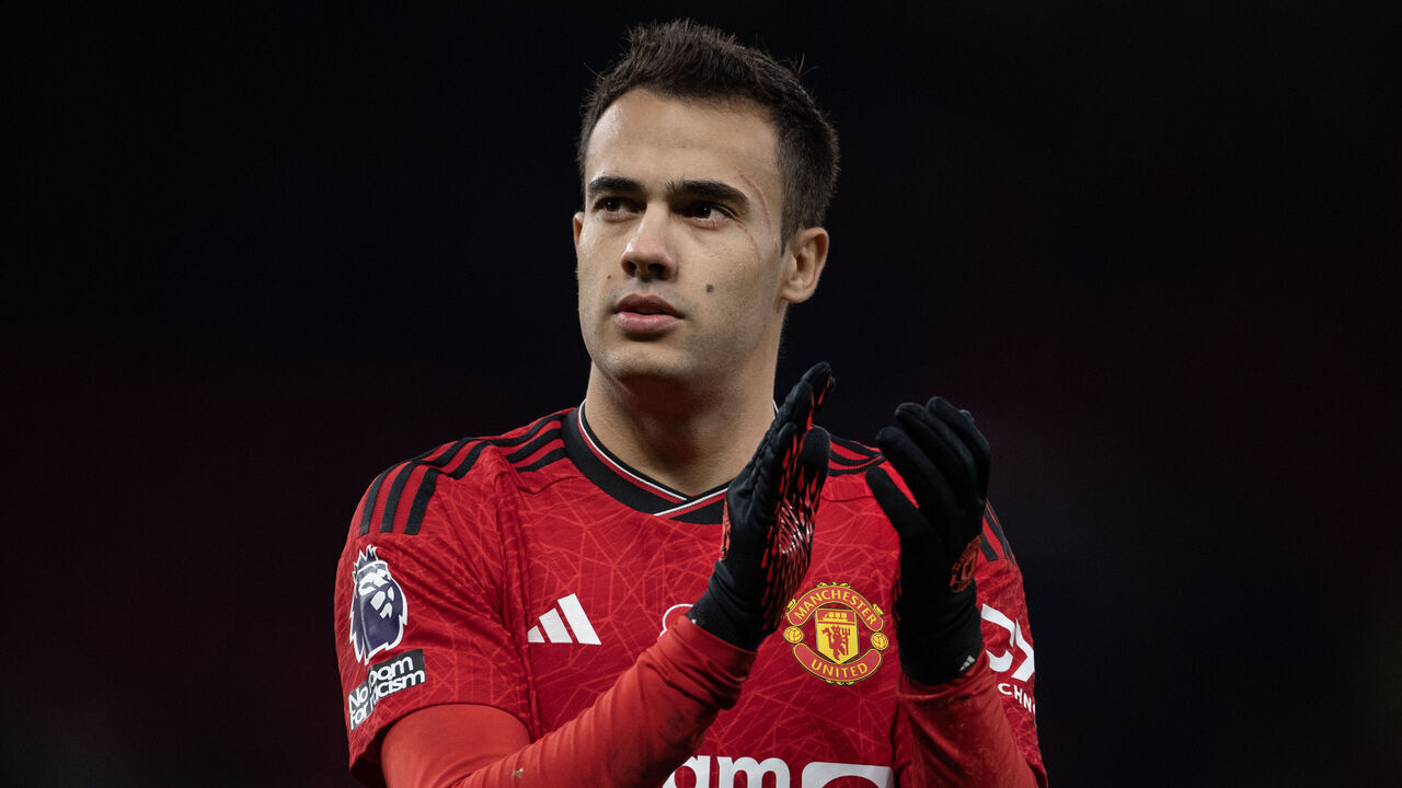 MANCHESTER, ENGLAND - NOVEMBER 11: Sergio Reguilon of Manchester United applauds the fans after the Premier League match between Manchester United and Luton Town at Old Trafford on November 11, 2023 in Manchester, England.
