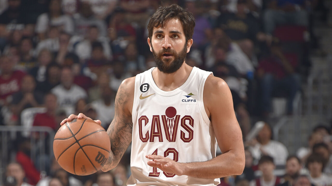 CLEVELAND, OH - APRIL 15: Ricky Rubio #13 of the Cleveland Cavaliers dribbles the ball during the game against the New York Knicks during the 2023 Round One Game One NBA Playoffs on April 15, 2023 at Rocket Mortgage FieldHouse in Cleveland, Ohio. NOTE TO USER: User expressly acknowledges and agrees that, by downloading and/or using this Photograph, user is consenting to the terms and conditions of the Getty Images License Agreement. Mandatory Copyright Notice: Copyright 2023 NBAE