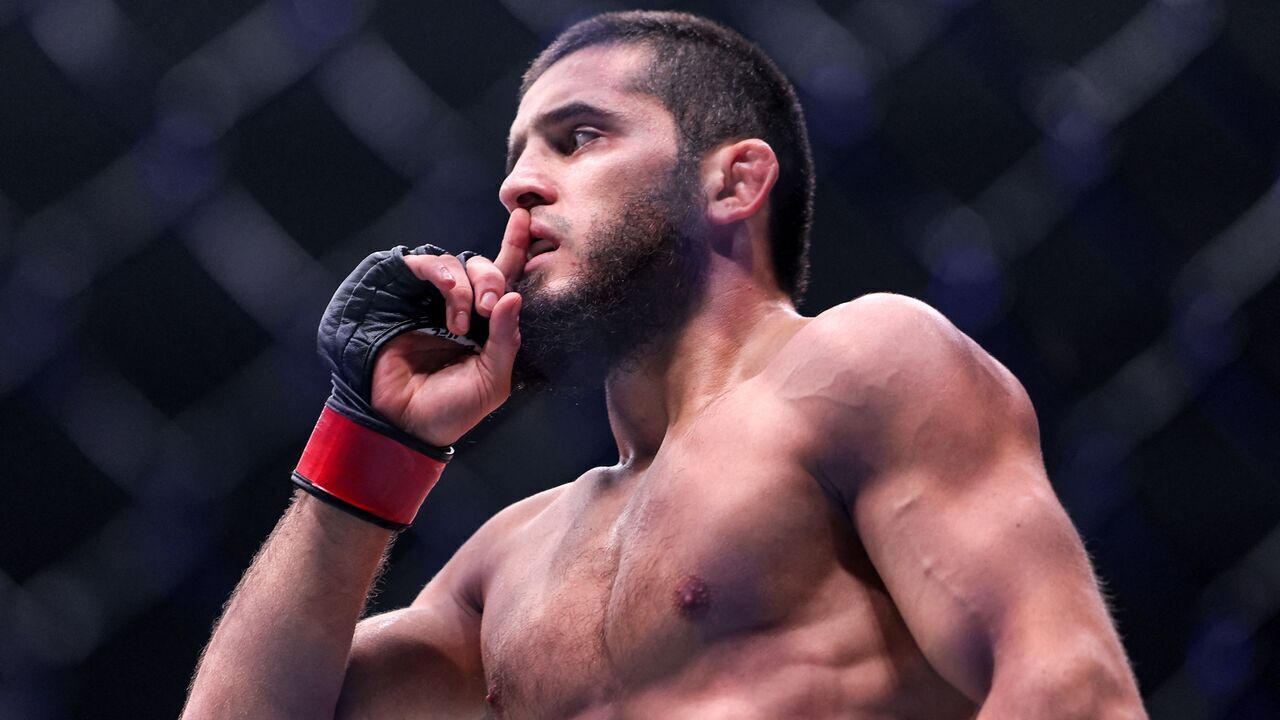 Russia's Islam Makhachev reacts after his Lightweight bout against Australia's Alexander Volkanovski during the Ultimate Fighting Championship 294 (UFC) event at the Etihad Arena in Abu Dhabi on October 22, 2023.