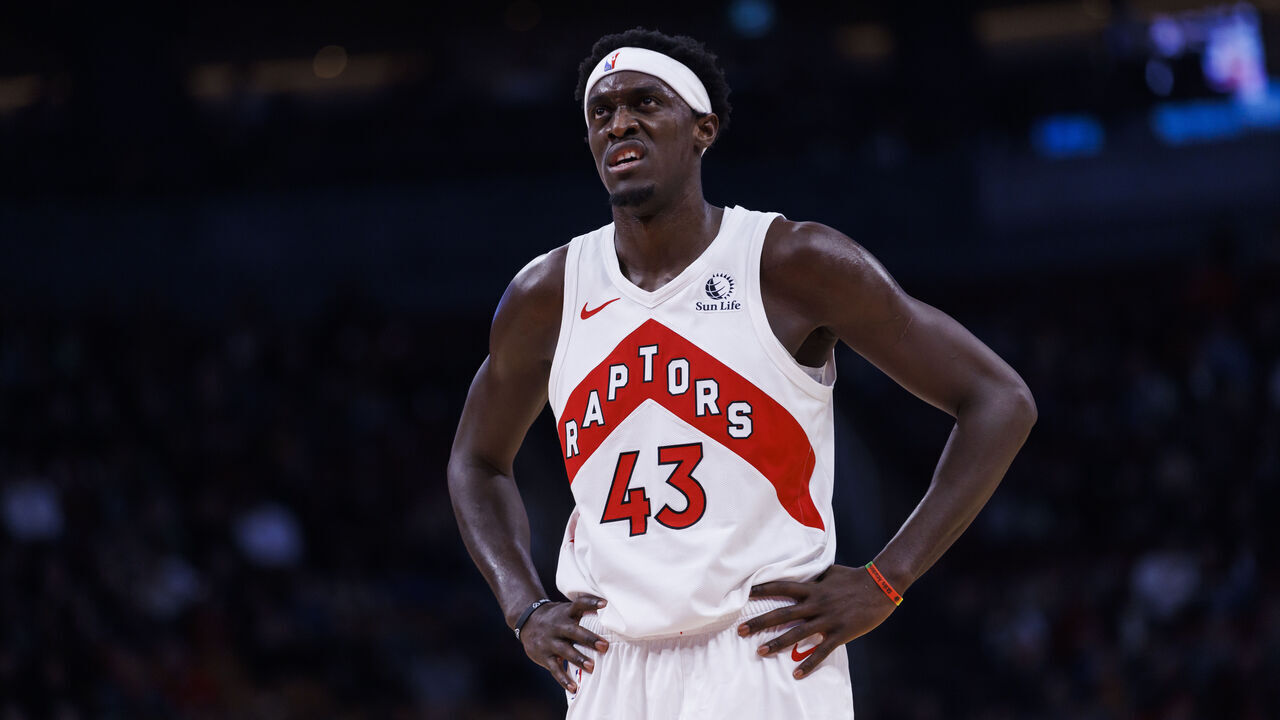 TORONTO, CANADA - OCTOBER 20: Pascal Siakam #43 of the Toronto Raptors looks on during a break in play during the second half of their NBA game against the Washington Wizards at Scotiabank Arena on October 20, 2023 in Toronto, Canada.