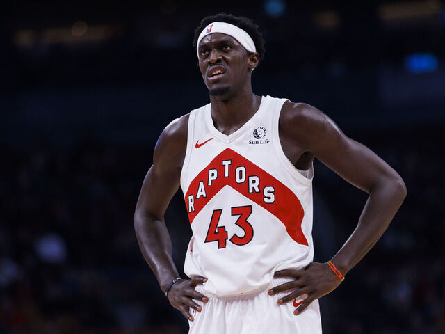 TORONTO, CANADA - OCTOBER 20: Pascal Siakam #43 of the Toronto Raptors looks on during a break in play during the second half of their NBA game against the Washington Wizards at Scotiabank Arena on October 20, 2023 in Toronto, Canada.