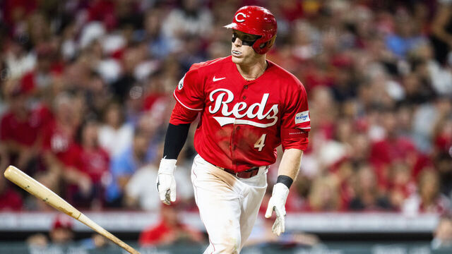 CINCINNATI, OHIO - SEPTEMBER 09: Harrison Bader #4 of the Cincinnati Reds tosses his bat during a game against the St. Louis Cardinals at Great American Ball Park on September 09, 2023 in Cincinnati, Ohio.