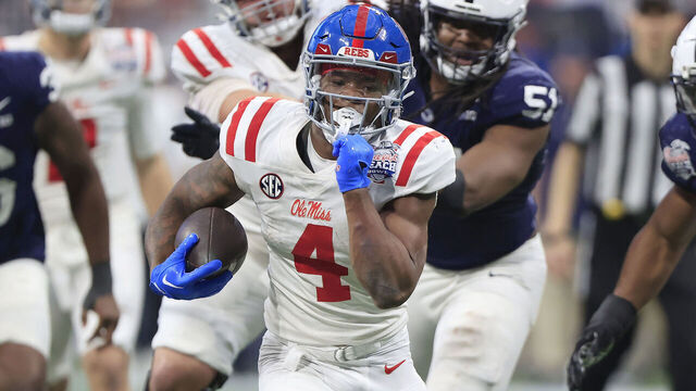 ATLANTA, GA - DECEMBER 30: Mississippi Rebels running back Quinshon Judkins (4) rushes during the Saturday afternoon Chick-fil-A Peach Bowl game between the Penn State Nittany Lions and the Ole Miss Rebels on December 30, 2023 at the Mercedes-Benz Stadium in Atlanta, Georgia.
