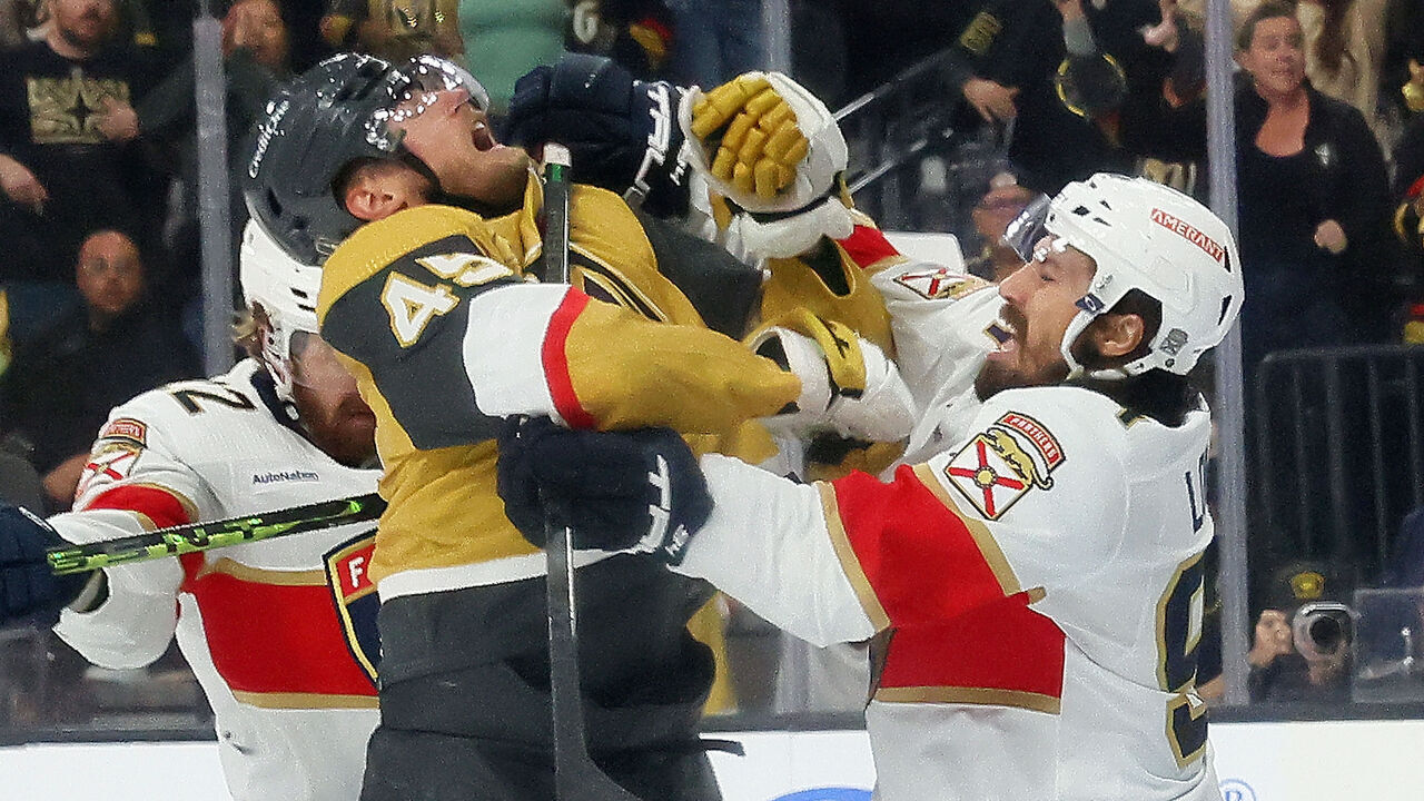 LAS VEGAS, NEVADA - JUNE 13: Ryan Lomberg #94 of the Florida Panthers checks Ivan Barbashev #49 of the Vegas Golden Knights in Game Five of the 2023 NHL Stanley Cup Final at T-Mobile Arena on June 13, 2023 in Las Vegas, Nevada.
