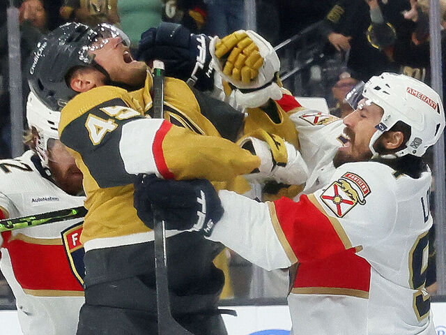 LAS VEGAS, NEVADA - JUNE 13: Ryan Lomberg #94 of the Florida Panthers checks Ivan Barbashev #49 of the Vegas Golden Knights in Game Five of the 2023 NHL Stanley Cup Final at T-Mobile Arena on June 13, 2023 in Las Vegas, Nevada.