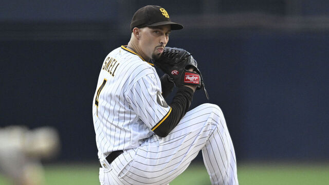 SAN DIEGO, CA - JULY 25: Blake Snell #4 of the San Diego Padres pitches during the first inning of a baseball game against the Pittsburgh Pirates July 25, 2023 at Petco Park in San Diego, California.
