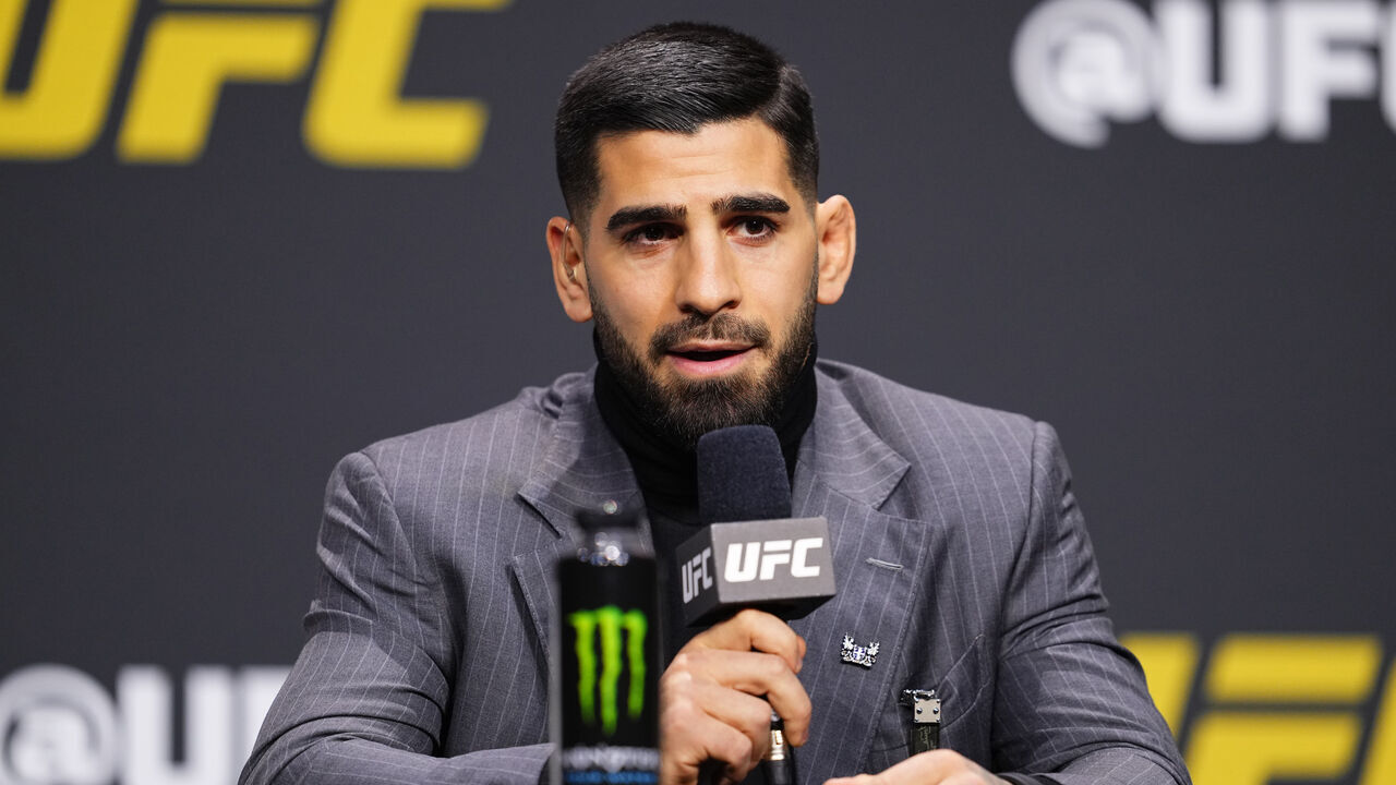 LAS VEGAS, NEVADA - DECEMBER 15: Ilia Topuria is seen on stage during the UFC 2024 seasonal press conference at MGM Grand Garden Arena on December 15, 2023 in Las Vegas, Nevada.