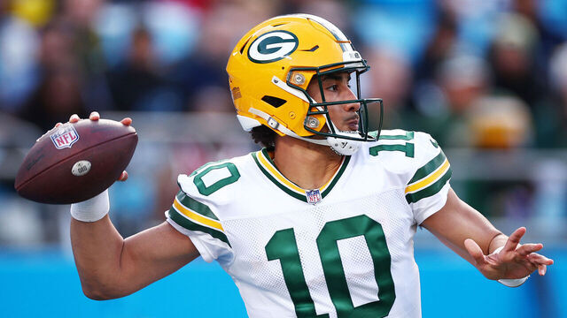 CHARLOTTE, NORTH CAROLINA - DECEMBER 24: Jordan Love #10 of the Green Bay Packers passes the ball during the fourth quarter against the Carolina Panthers at Bank of America Stadium on December 24, 2023 in Charlotte, North Carolina.