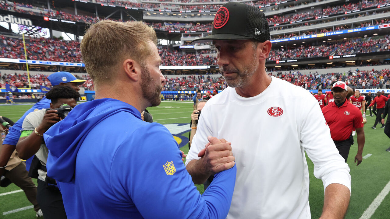 INGLEWOOD, CALIFORNIA - SEPTEMBER 17: Los Angeles Rams head coach Sean McVay shakes hands with San Francisco 49ers head coach Kyle Shanahan after the game at SoFi Stadium on September 17, 2023 in Inglewood, California.