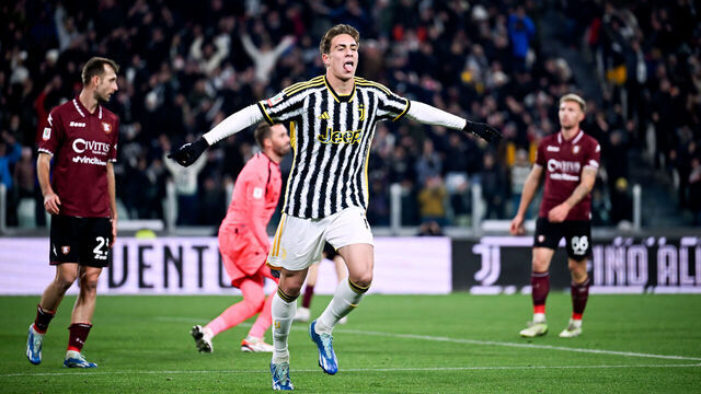 TURIN, ITALY - JANUARY 04: Kenan Yildiz of Juventus celebrates after scoring his team's fourth goal on an own goal by Bronn Dylan of US Salernitana during the Coppa Italia Round of 16 match between Juventus FC v US Salernitana at Allianz Stadium on January 04, 2024 in Turin, Italy.
