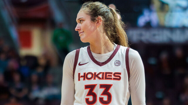BLACKSBURG, VIRGINIA - NOVEMBER 20: Elizabeth Kitley #33 of the Virginia Tech Hokies reacts in the second half during a game against the UNC Greensboro Spartans at Cassell Coliseum on November 20, 2023 in Blacksburg, Virginia.