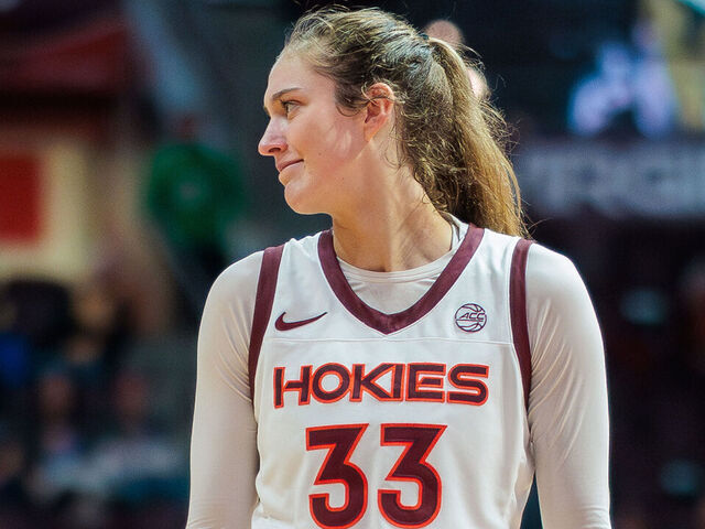 BLACKSBURG, VIRGINIA - NOVEMBER 20: Elizabeth Kitley #33 of the Virginia Tech Hokies reacts in the second half during a game against the UNC Greensboro Spartans at Cassell Coliseum on November 20, 2023 in Blacksburg, Virginia.