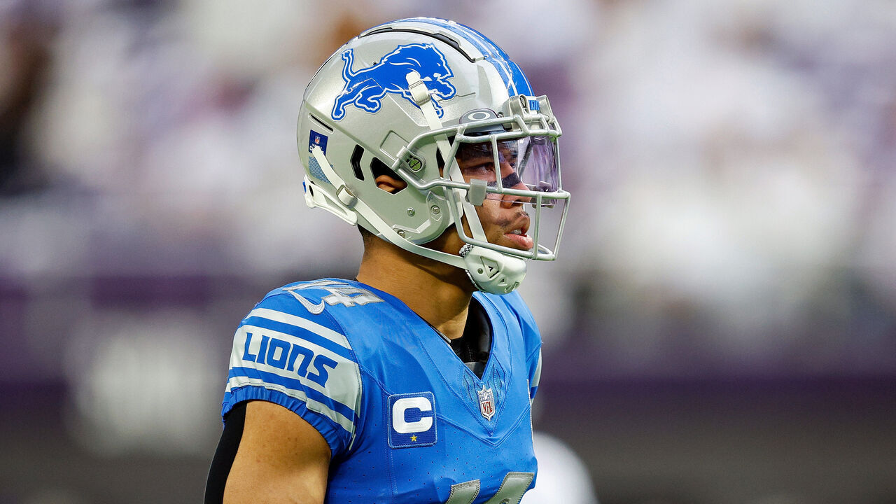 MINNEAPOLIS, MINNESOTA - DECEMBER 24: Amon-Ra St. Brown #14 of the Detroit Lions looks on prior to the start of the game against the Minnesota Vikings at U.S. Bank Stadium on December 24, 2023 in Minneapolis, Minnesota. The Lions defeated the Vikings 30-24.