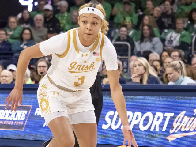 SOUTH BEND, IN - DECEMBER 17: Notre Dame Fighting Irish guard Hannah Hidalgo (3) dribbles the ball toward the basket during a college basketball game between the Purdue Boilermakers and the Notre Dame Fighting Irish on December 17, 2023 at Purcell Pavilion in South Bend, Indiana.