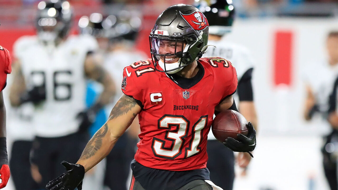 TAMPA, FL - DECEMBER 24: Tampa Bay Buccaneers Safety Antoine Winfield Jr. (31) celebrates a defensive takeaway during the regular season game between the Jacksonville Jaguars and the Tampa Bay Buccaneers on December 24, 2023 at Raymond James Stadium in Tampa, Florida.