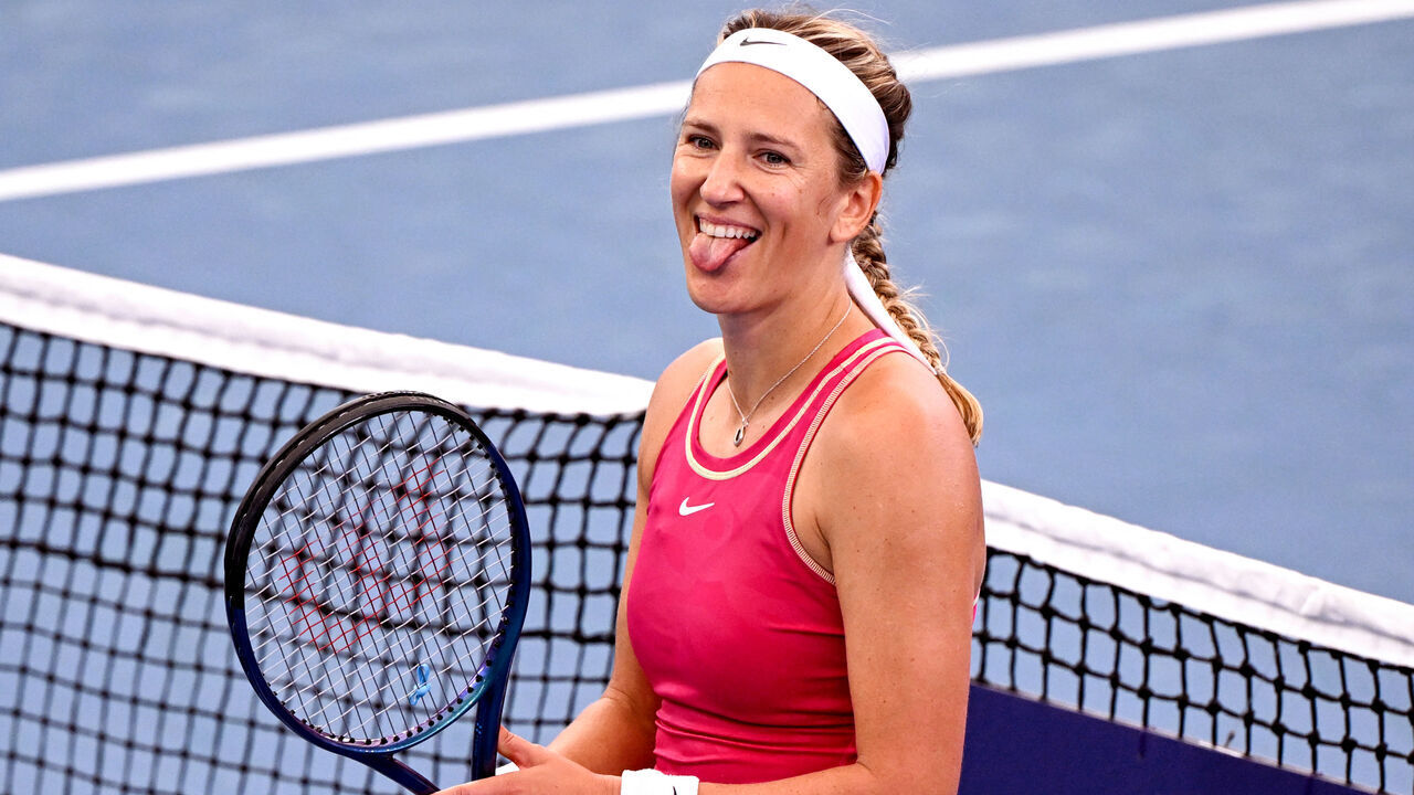 Belarus' Victoria Azarenka celebrates winning her women's singles quarter-final match against Latvia's Jelena Ostapenko at the Brisbane International tennis tournament in Brisbane on January 5, 2024.