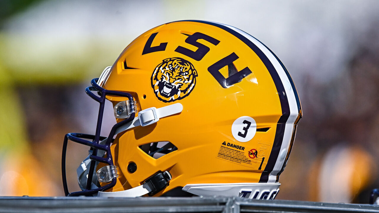 COLUMBIA, MO - OCTOBER 07: A backup LSU helmet sits on the equipment container during a SEC conference game between the Louisiana State Tigers and the Missouri Tigers held on Saturday Oct 07, 2023 at Faurot Field at Memorial Stadium in Columbia MO. (Photo by Rick Ulreich/Icon Sportswire via Getty Images