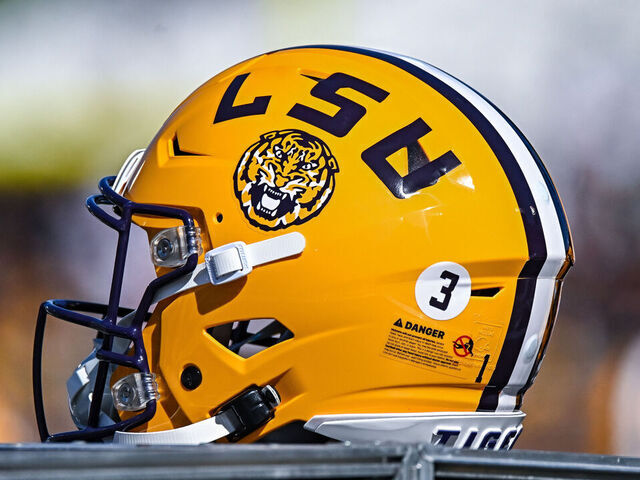 COLUMBIA, MO - OCTOBER 07: A backup LSU helmet sits on the equipment container during a SEC conference game between the Louisiana State Tigers and the Missouri Tigers held on Saturday Oct 07, 2023 at Faurot Field at Memorial Stadium in Columbia MO. (Photo by Rick Ulreich/Icon Sportswire via Getty Images