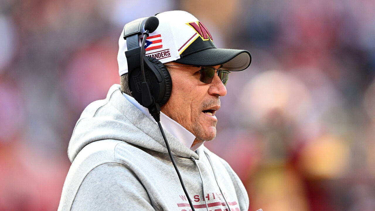 LANDOVER, MARYLAND - DECEMBER 31: Head coach Ron Rivera of the Washington Commanders looks on during the second half of a game against the San Francisco 49ers at FedExField on December 31, 2023 in Landover, Maryland.