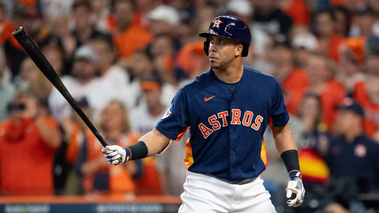 HOUSTON, TX - OCTOBER 16: Michael Brantley #23 of the Houston Astros bats during Game 2 of the ALCS between the Texas Rangers and the Houston Astros at Minute Maid Park on Monday, October 16, 2023 in Houston, Texas.
