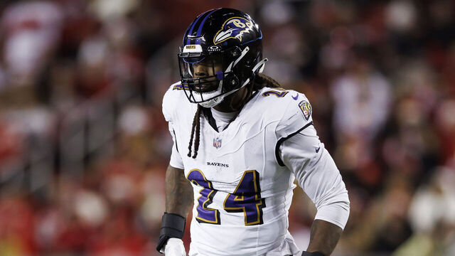 SANTA CLARA, CALIFORNIA - DECEMBER 25: Jadeveon Clowney #24 of the Baltimore Ravens lines up to run around the edge during an NFL football game against the San Francisco 49ers at Levi's Stadium on December 25, 2023 in Santa Clara, California.