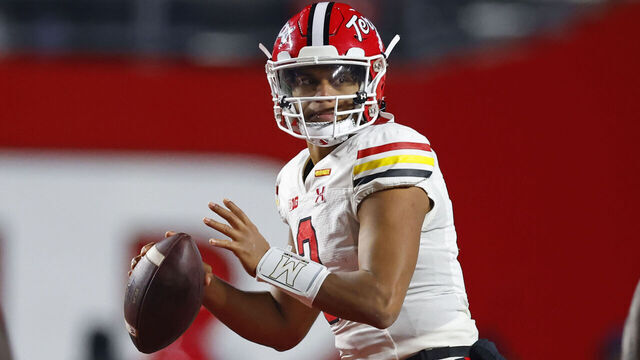 PISCATAWAY, NEW JERSEY - NOVEMBER 25: Quarterback Taulia Tagovailoa #3 of the Maryland Terrapins in action against the Rutgers Scarlet Knights during a game at SHI Stadium on November 25, 2023 in Piscataway, New Jersey.