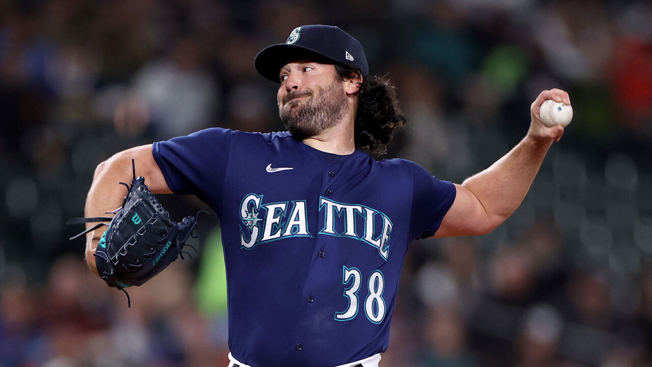 SEATTLE, WASHINGTON - MARCH 31: Robbie Ray #38 of the Seattle Mariners pitches during the first inning against the Cleveland Guardians at T-Mobile Park on March 31, 2023 in Seattle, Washington.