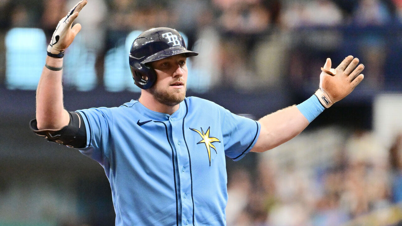 ST PETERSBURG, FLORIDA - AUGUST 27: Luke Raley #55 of the Tampa Bay Rays reacts after hitting a single in the first inning against the New York Yankees at Tropicana Field on August 27, 2023 in St Petersburg, Florida.
