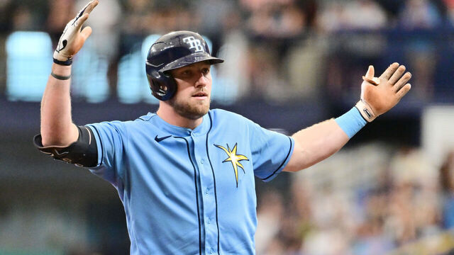 ST PETERSBURG, FLORIDA - AUGUST 27: Luke Raley #55 of the Tampa Bay Rays reacts after hitting a single in the first inning against the New York Yankees at Tropicana Field on August 27, 2023 in St Petersburg, Florida.