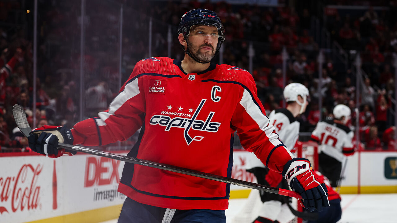 WASHINGTON, DC - JANUARY 03: Alex Ovechkin #8 of the Washington Capitals looks on after a New Jersey Devils goal during the third period at Capital One Arena on January 3, 2024 in Washington, DC.