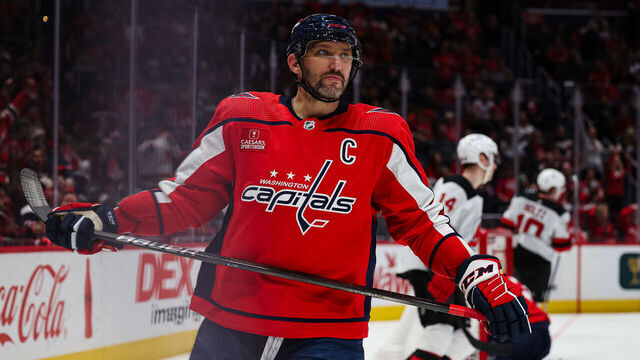 WASHINGTON, DC - JANUARY 03: Alex Ovechkin #8 of the Washington Capitals looks on after a New Jersey Devils goal during the third period at Capital One Arena on January 3, 2024 in Washington, DC.