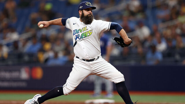 ST PETERSBURG, FLORIDA - OCTOBER 03: Andrew Kittredge #36 of the Tampa Bay Rays pitches in the ninth inning against the Texas Rangers during Game One of the Wild Card Series at Tropicana Field on October 03, 2023 in St Petersburg, Florida.