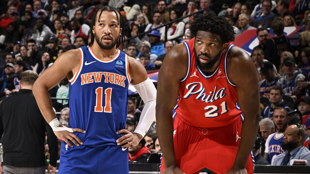 PHILADELPHIA, PA - JANUARY 5: Jalen Brunson #11 of the New York Knicks and Joel Embiid #21 of the Philadelphia 76ers look on during the game on January 5, 2024 at the Wells Fargo Center in Philadelphia, Pennsylvania NOTE TO USER: User expressly acknowledges and agrees that, by downloading and/or using this Photograph, user is consenting to the terms and conditions of the Getty Images License Agreement. Mandatory Copyright Notice: Copyright 2024 NBAE