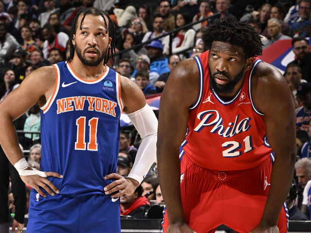 PHILADELPHIA, PA - JANUARY 5: Jalen Brunson #11 of the New York Knicks and Joel Embiid #21 of the Philadelphia 76ers look on during the game on January 5, 2024 at the Wells Fargo Center in Philadelphia, Pennsylvania NOTE TO USER: User expressly acknowledges and agrees that, by downloading and/or using this Photograph, user is consenting to the terms and conditions of the Getty Images License Agreement. Mandatory Copyright Notice: Copyright 2024 NBAE